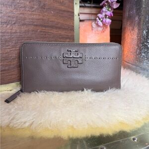 Tory Burch Taupe Leather Zip Wallet